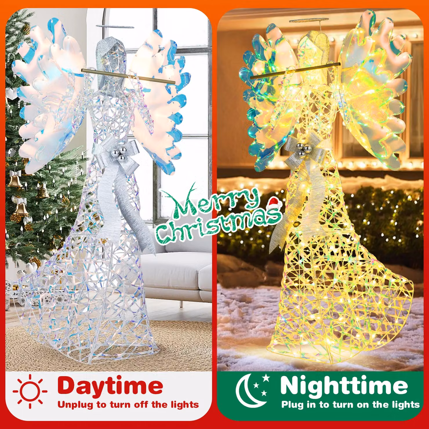 Costway 5.2 FT Lighted 3D Glittering Halo Angel Christmas Decoration in White and Multicolour – 6