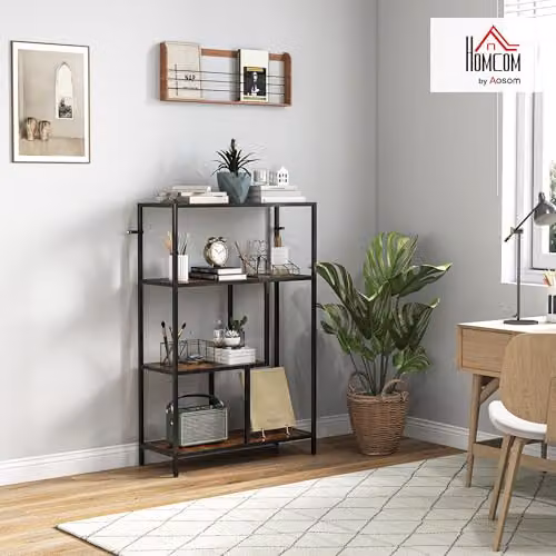 HOMCOM 4-Tier Industrial Bookshelf with Metal Frame and Open Shelves in Brown and Black, W/D/H: 77.0 x 30.0 x 116.0 cm – 2