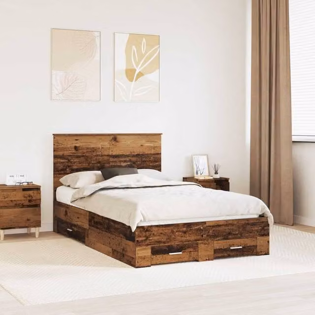 Berkfield Home Bed Frame with Headboard in Brown Old Wood, W/D/H: 120 x 190 cm – 1