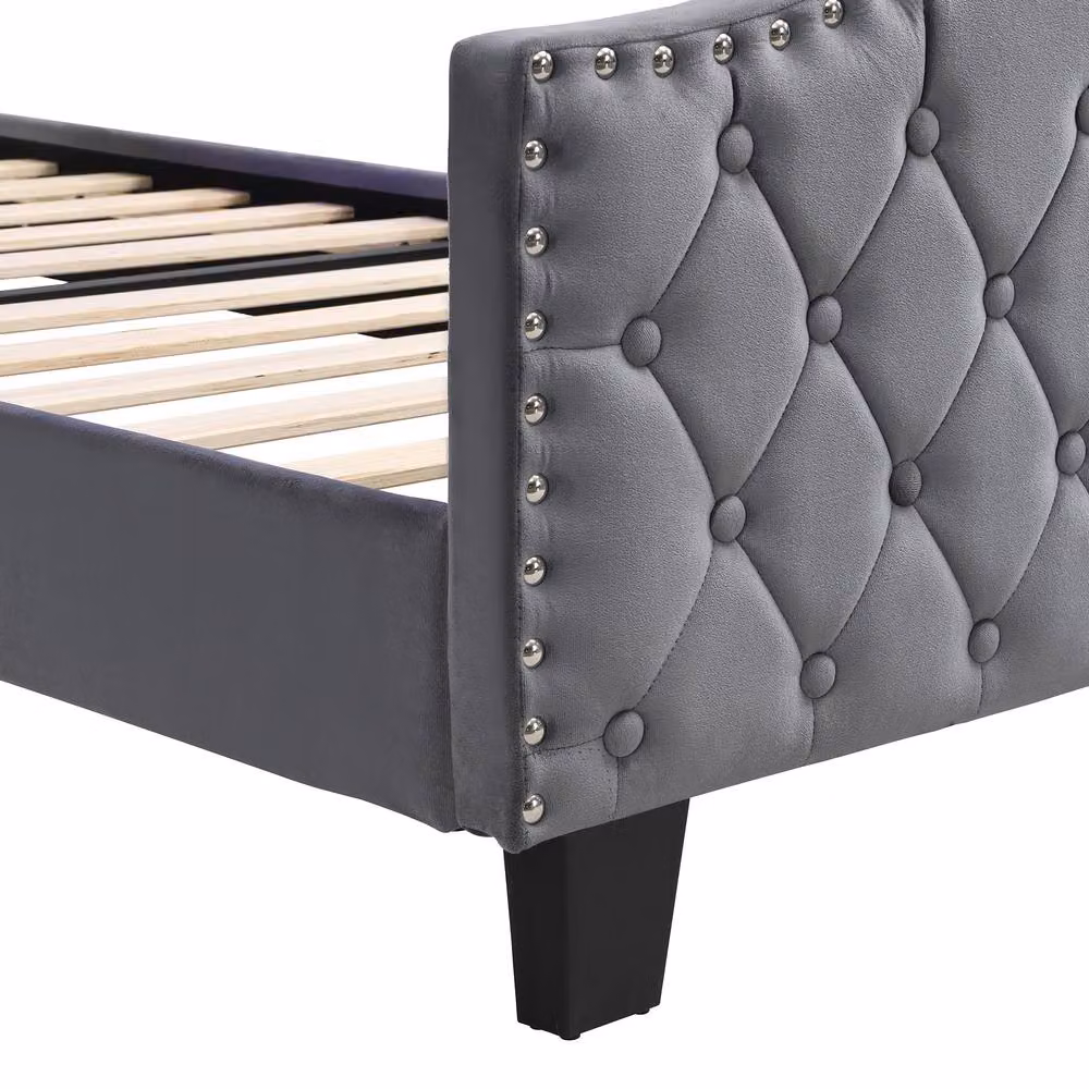 Merax Grey Velvet Upholstered Single Bed with Storage and LED Headboard, W/D/H: 90 x 190 x 124 cm – 4