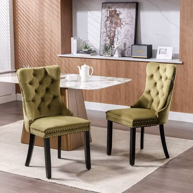 Modern Home Touch Romsey Set of 2 Velvet Upholstered Dining Chairs with Oak Legs and Knocker Ring Back in Green