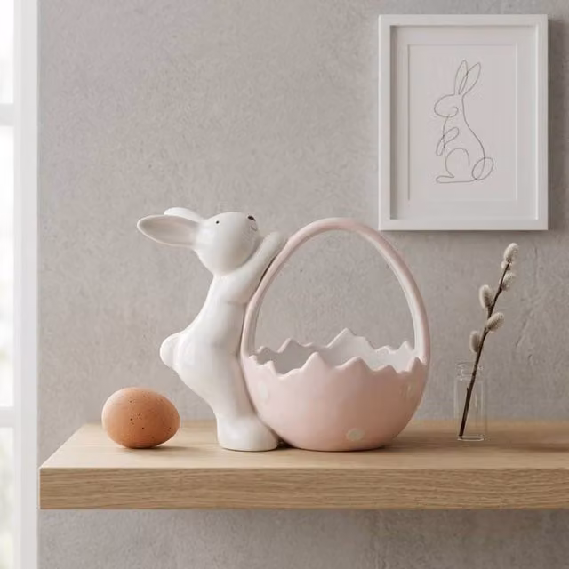Garden Greatness Pink and Multicolour Ceramic Springtime Bunny Basket Tabletop Ornament