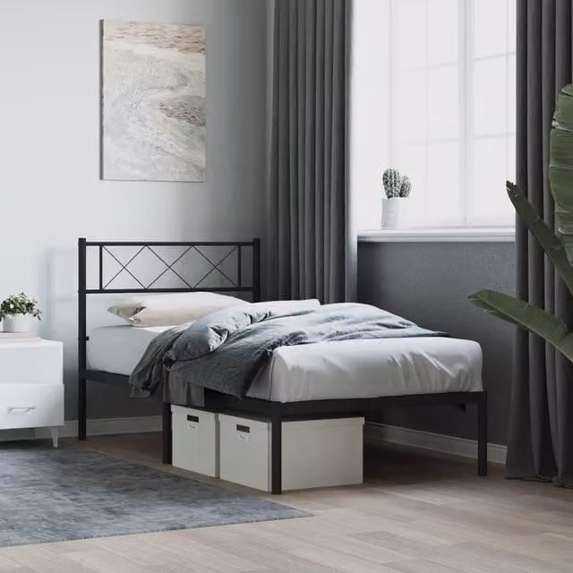 Berkfield Home Metal Bed Frame with Headboard in Black, W/D/H: 100 x 200 cm – 1
