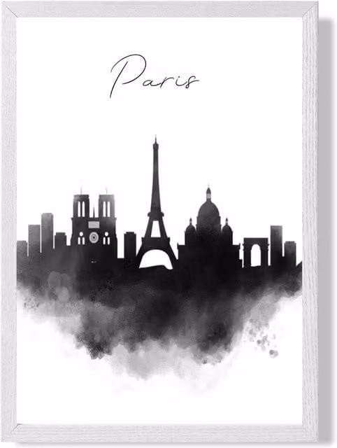 ARTZE Paris Watercolour Skyline City Framed Print with White Frame in Black