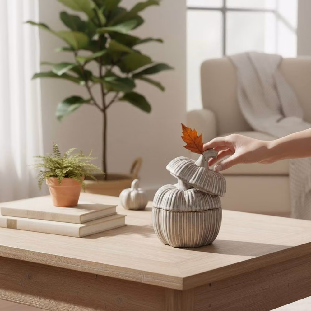 Four Candle Ceramic Pumpkin Pot Autumn Decoration with Removable Lid in Beige – 2