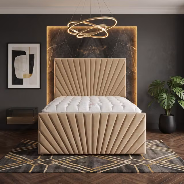 Somnior Beds Ltd Sunrise Velvet Divan Bed with Mattress in Beige and Brown, Small Double, W/D/H: 120 x 200 x 115 cm