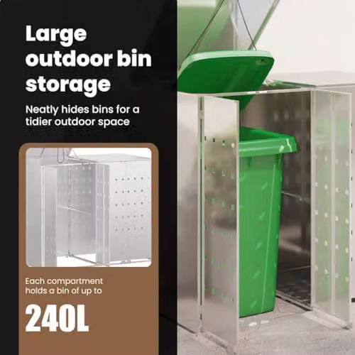 vidaXL Wheelie Bin Storage for 2 Bins, Stainless Steel, Silver, W/D/H: 136.0 x 115.5 x 38.3 cm – 4