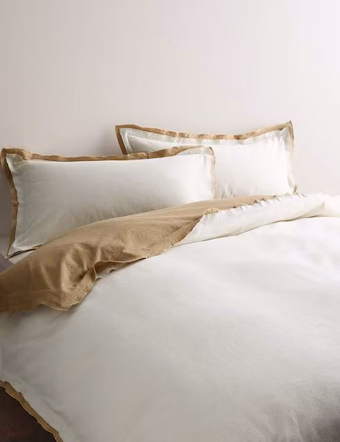 M&S Pure Cotton Crepe Reversible Bedding Set, Beige and Multicolour, W: 140 cm, L: 200 cm