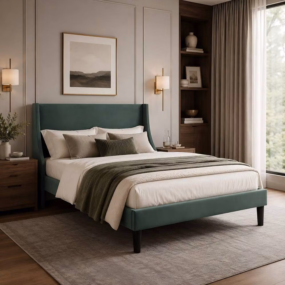 ModernLuxe Velvet Upholstered Double Bed with Winged Headboard in Green W/D/H: 140 x 200 x 96 cm – 2