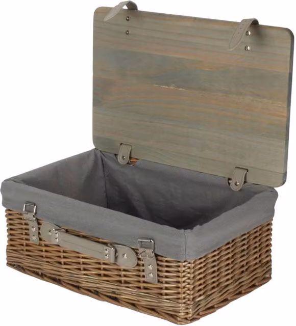 Red Hamper Antique Wash Willow Empty Picnic Basket with Pinewood Lid and Grey Lining, Large