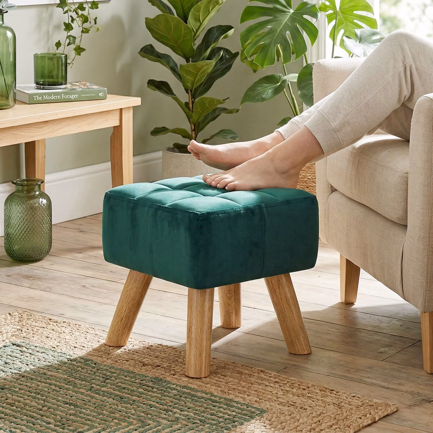 HOMCOM Velvet Rectangular Padded Footstool in Dark Green – 2