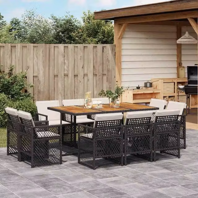 Berkfield Home 11 Piece Black Poly Rattan Garden Dining Set with Acacia Wood Table and Cushions – 1