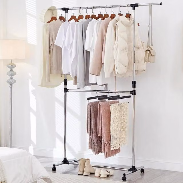 House Of Home Silver Metal Double Clothes Rail with Continuous Linear Rail and Glossy Finish, H: 198 cm, H: 101 cm