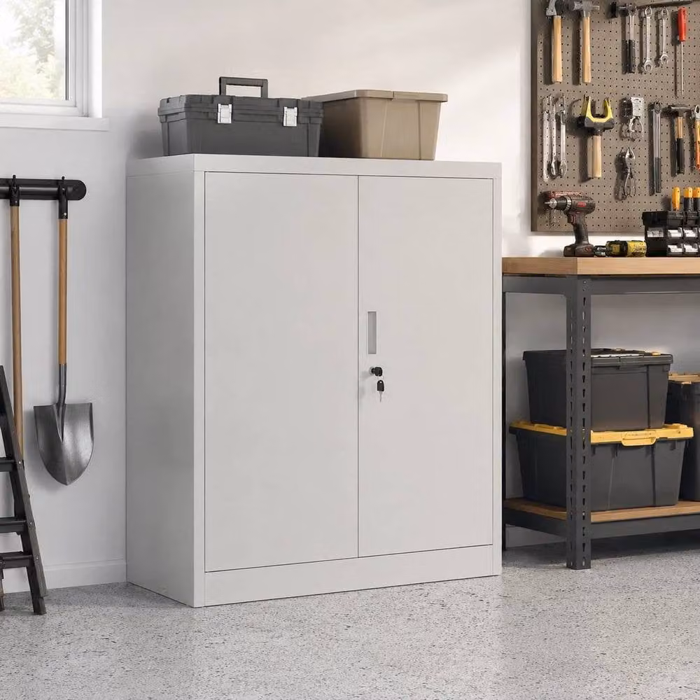 FORGEVIO Grey Metal Freestanding Storage Cabinet with Hinged Doors and Internal Shelves, W/D/H: 80 x 40 x 90 cm – 2