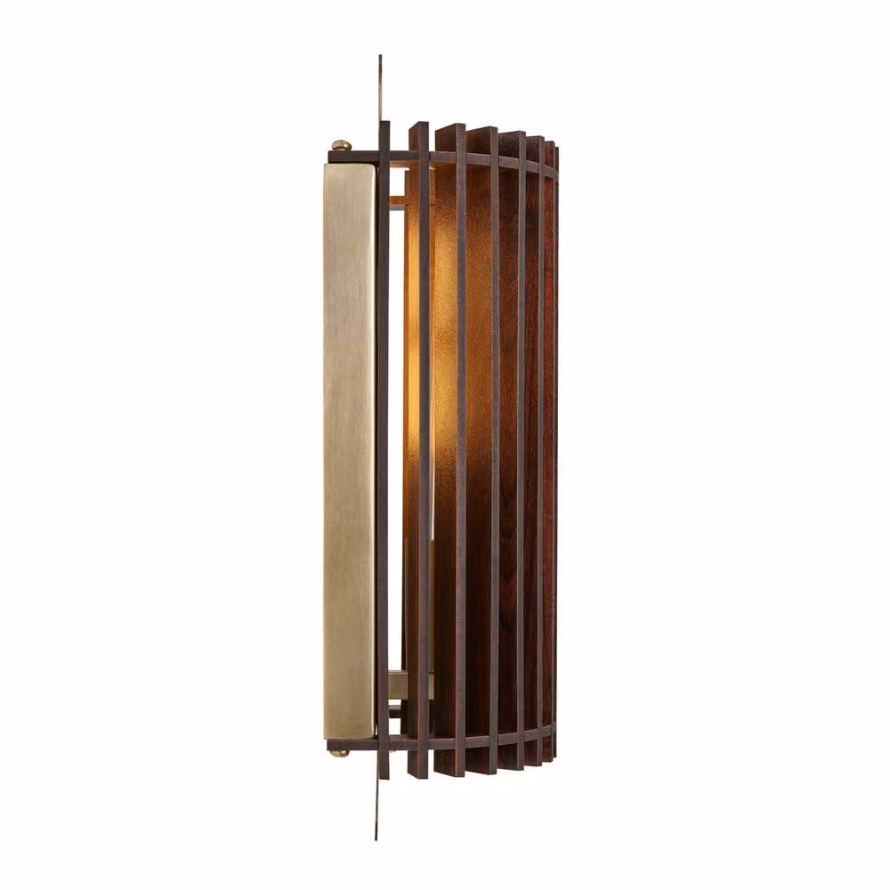 Industville Rift Slatted Wooden Wall Light in Gold and Wood, H: 31 cm, W: 15 cm, D: 10 cm – 3