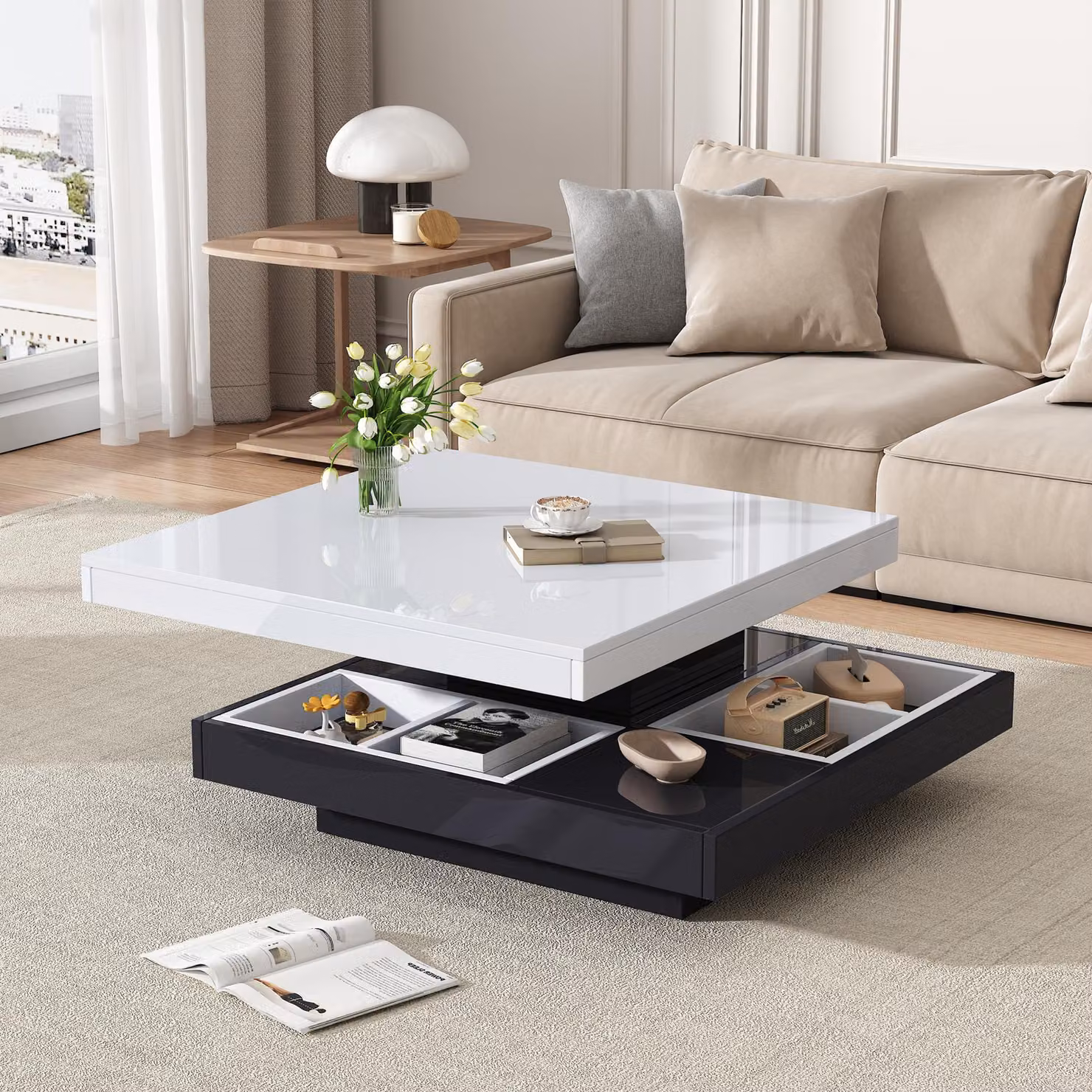 Aosom UK Contemporary Round Coffee Table with Rotating Top and Large-Capacity Lower Shelf, Black and White, W: 70 cm, D: 70 cm, H: 36 cm – 6