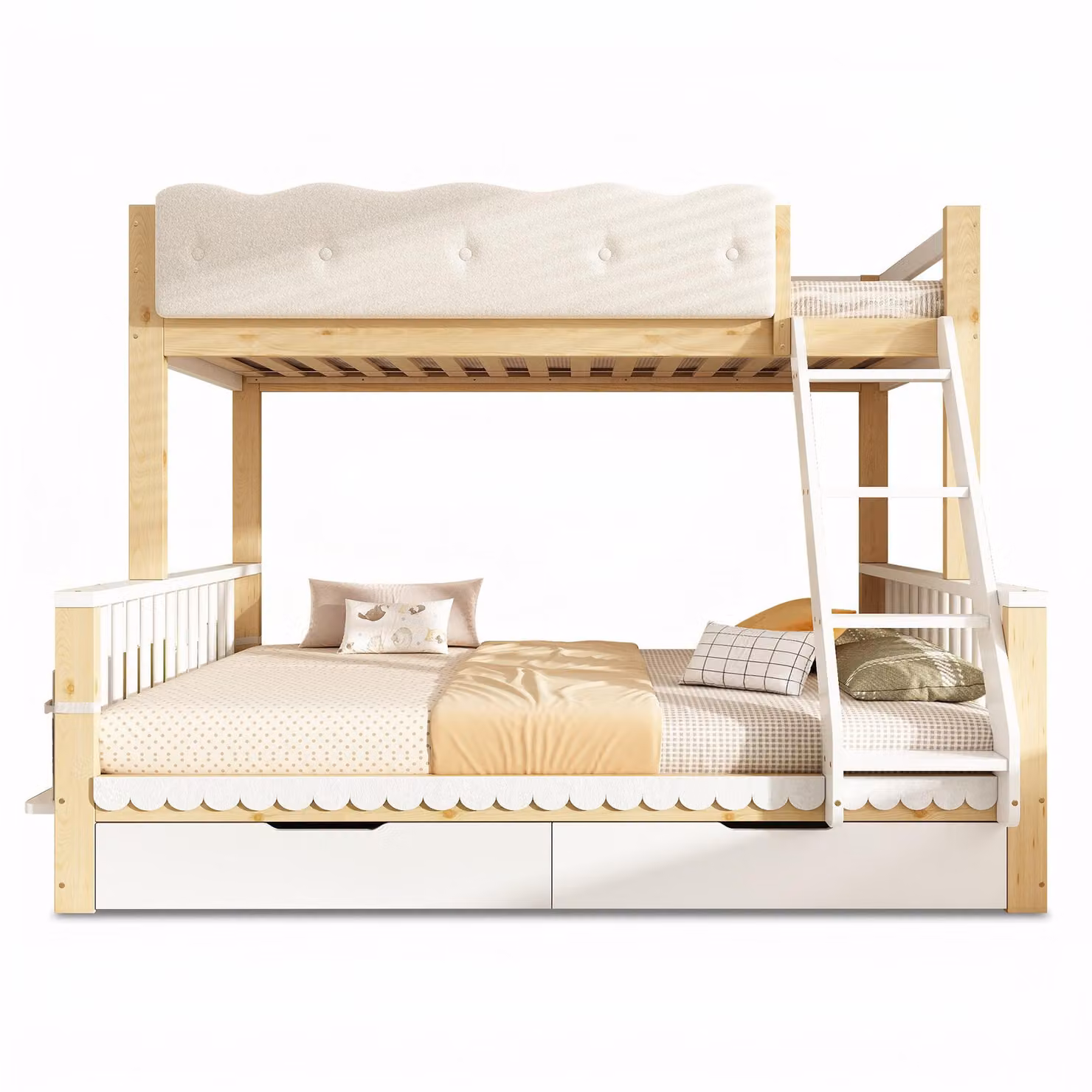 Aosom UK Solid Pine Bunk Bed Frame with Storage Drawers, Twin Over Full Sleeper in Natural and White, W/D/H: 140 x 195 x 154 cm – 2
