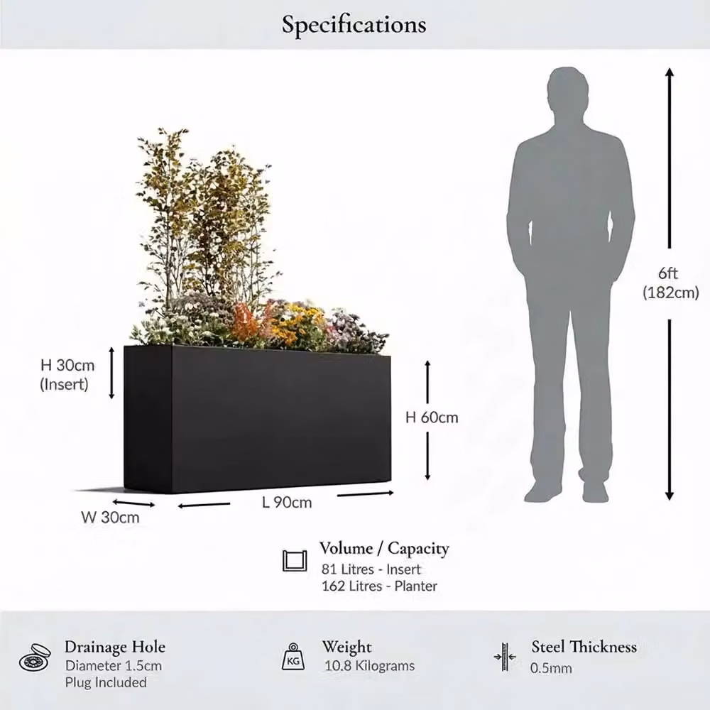 Access Garden Products Galvanised Steel Trough Planter, Black, W: 25 cm, L: 90 cm, H: 60 cm – 8