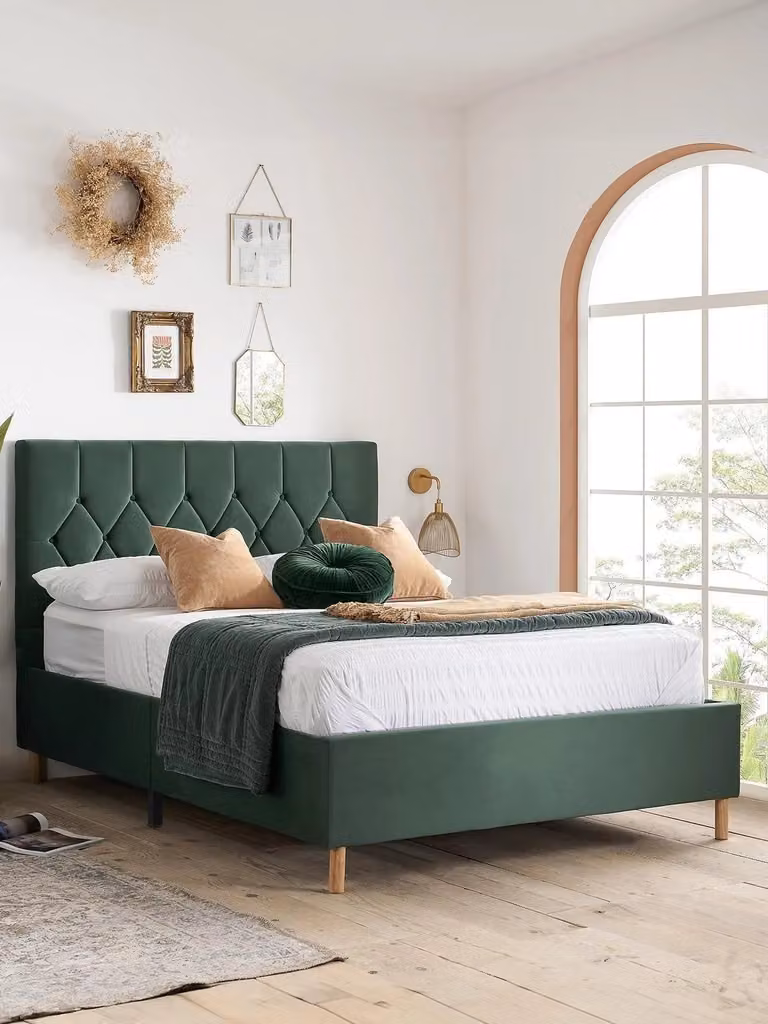 Birlea Loxley Double Bed in Green Velvet Upholstered Fabric, W/D/H: 140 x 200 x 148 cm