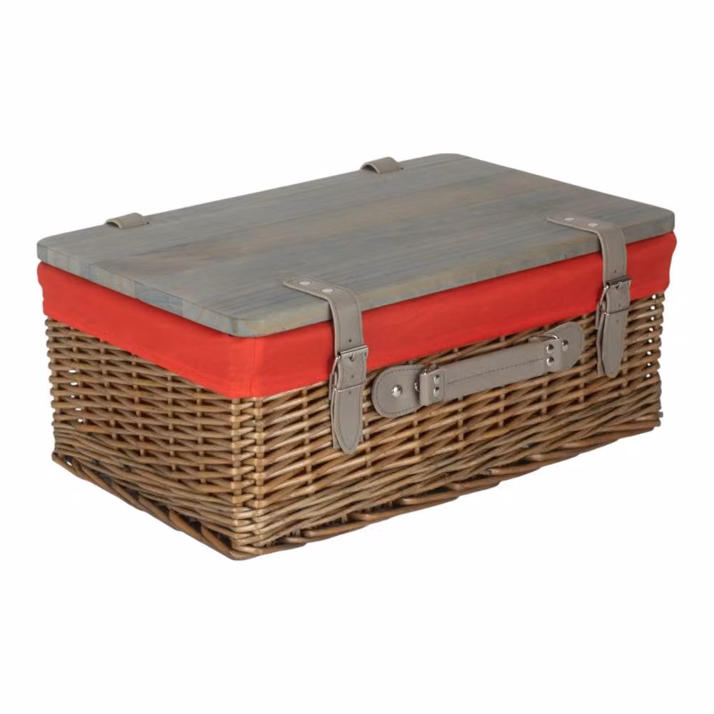 Red Hamper Antique Wash Red Lined Willow Empty Picnic Basket with Pinewood Lid – 2