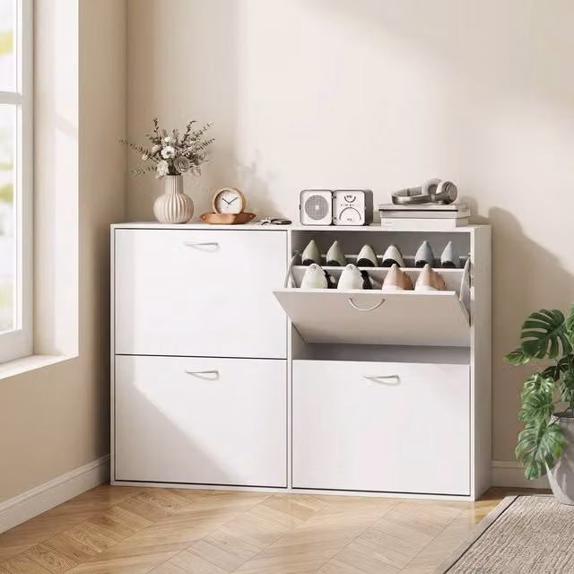 STILVORA Modern White Shoe Cabinet with 4 Drawers and Pull-out Rack, W/D/H: 120 x 16 x 81 cm – 1
