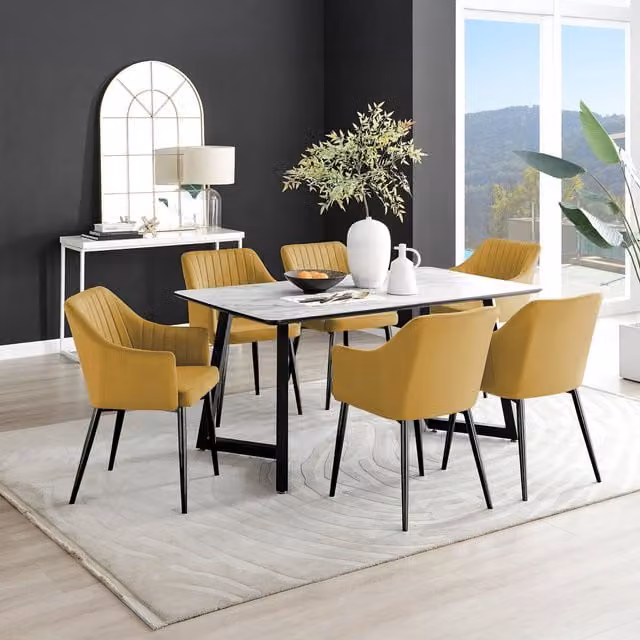 FurnitureboxUK Carson White Marble Effect Rectangular Dining Table and 6 Calla Mustard Chairs with Black Legs