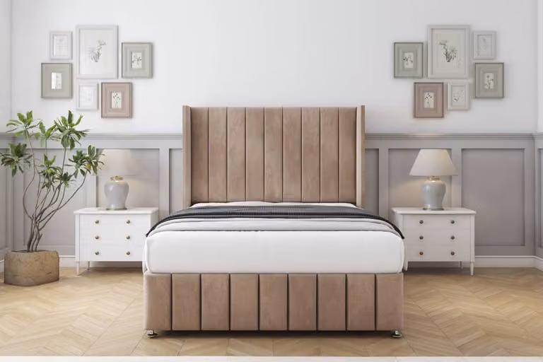 Sloomy Melbourne Naples Divan Set in Light Brown with Wingback Headboard and Footboard, Single, W/D/H: 90 x 190 cm