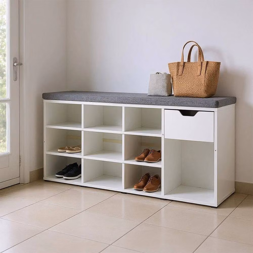 KORVIXA White Wooden Shoe Bench with Fabric Cushion Seat and Shoe Rack, Width: 90 cm – 3