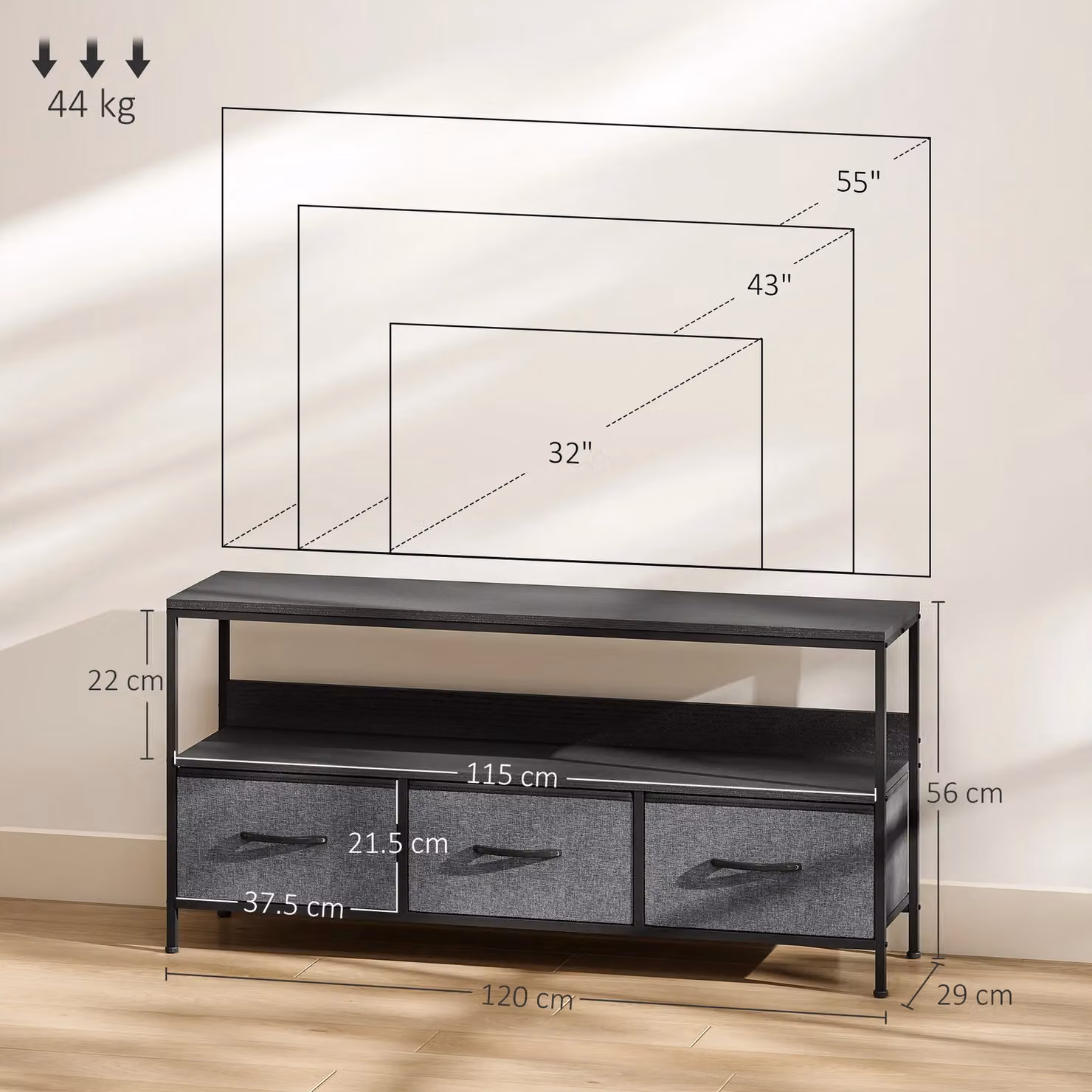 HOMCOM Modern Black TV Cabinet with 3 Foldable Linen Drawers – 3