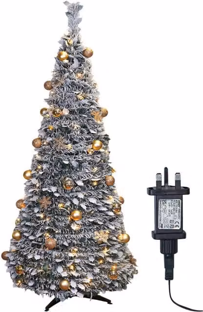 Pegdev Elegant Pop Up Pre Lit Christmas Tree with Gold Baubles, 200 Warm LEDs and Frosted Leaves, Green, Height: 2.1 m