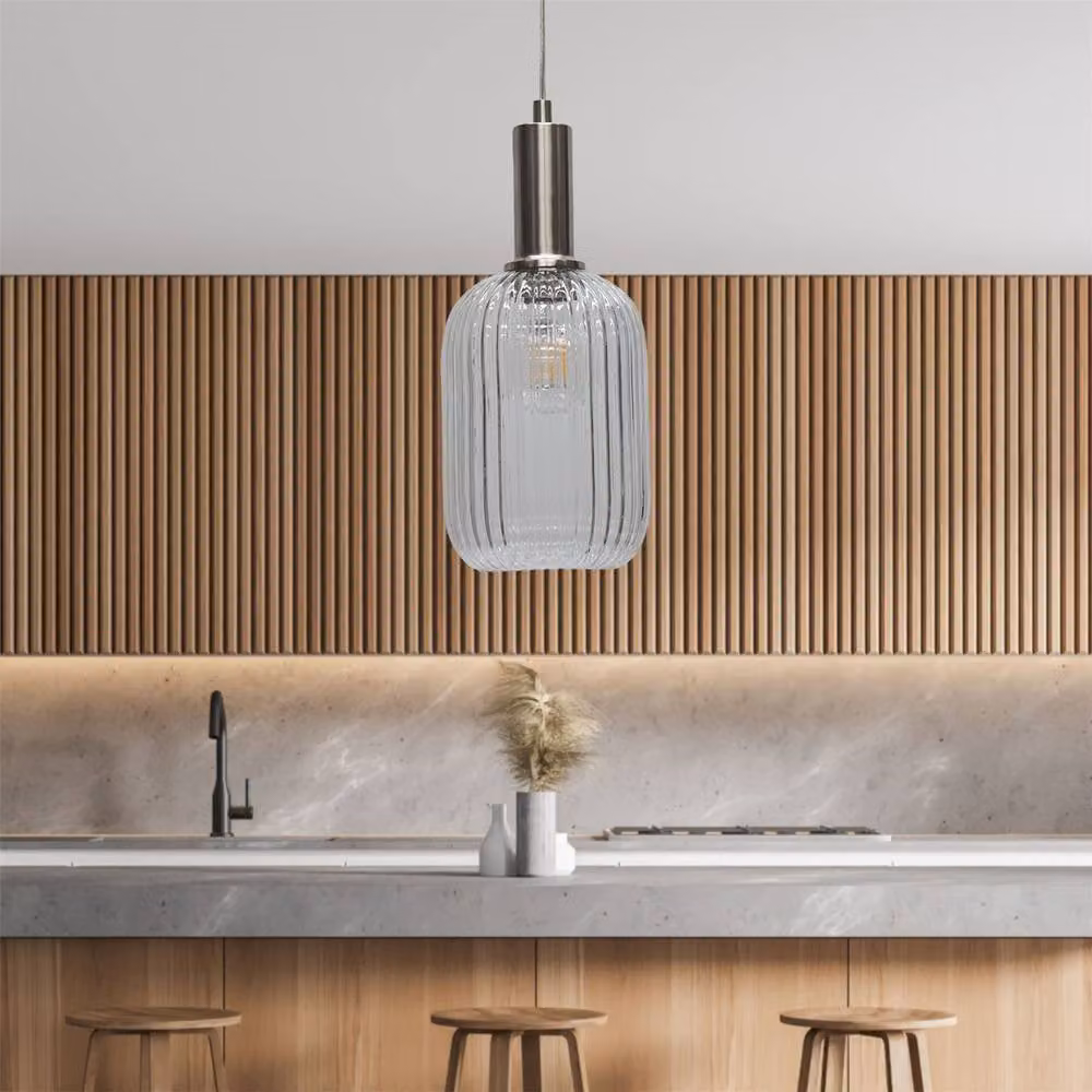 First Choice Lighting Batley Set of 2 Deco Pendant Lights with Clear Ribbed Glass and Silver Satin Nickel Finish – 2