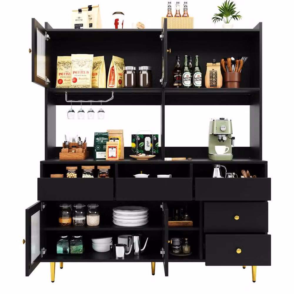 Rolipo Black and Gold Modern High Sideboard with Fluted Glass Doors and Wine Rack – 7
