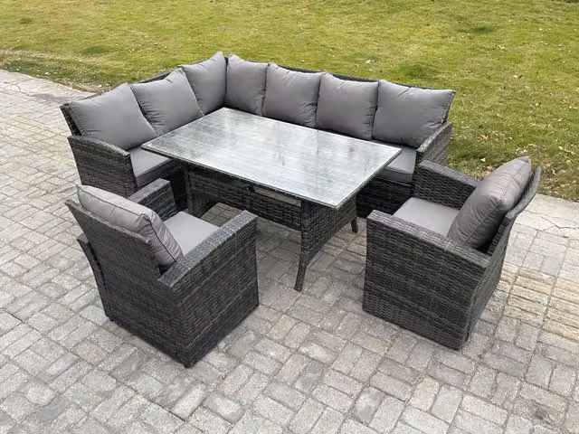 Fimous 8 Seater Outdoor Rattan Garden Furniture Set with Rectangular Dining Table, 2 Armchairs and Corner Sofa in Dark Grey