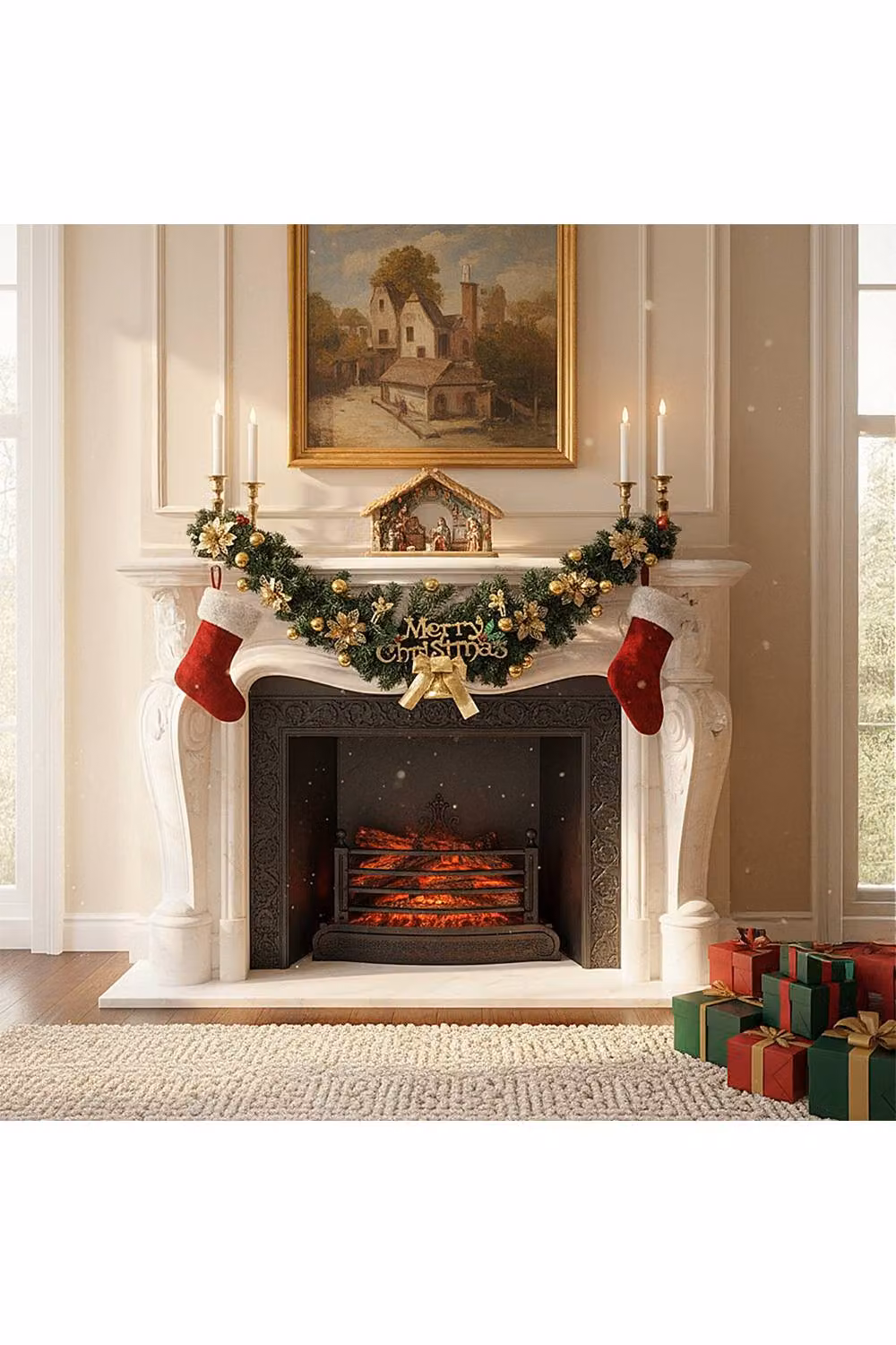 Living and Home Christmas PVC Swag Wall Decoration with Baubles, Flowers, and Bells in Green, Gold and Multicolour – 2
