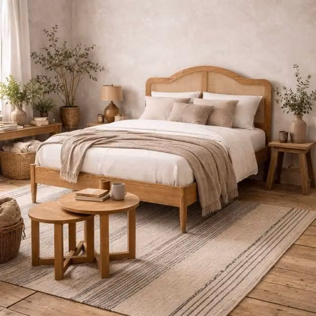 Wyld Haus Nenagh Double Bed with Natural Rattan Curved Headboard and Solid Wood Frame, Sand/Brown, W/D/H: 140 x 200 x 115 cm