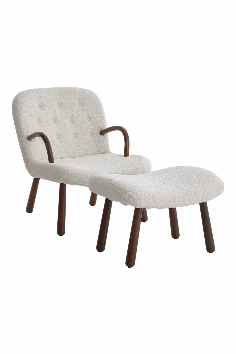 Livingandhome White Bouclé Armchair and Footstool Set with Wooden Legs – 2