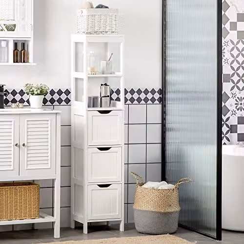 HOMCOM Slim White Bathroom Storage Unit with 3 Drawers and 2 Open Shelves, H 141.6 x W 30.0 x D 30.0 cm – 2