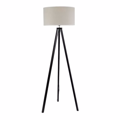 ValueLights Black Wood Tripod Floor Lamp with White Fabric Drum Shade and Included LED Bulb