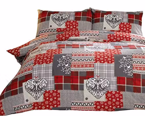 Rapport Home Alpine Patchwork Flannelette Duvet Cover Set in Red, Grey and Multicolour, W/D/H: 180 x 200 cm, with 2 Pillowcases (50 x 75 cm) – 2
