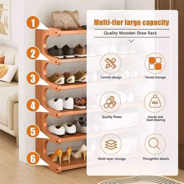 FLAVORA 6 Tier Wooden Shoe Rack Storage Shelf Unit in Natural Sand Brown – 1
