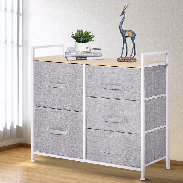 HOMCOM 5 Drawer Fabric Chest of Drawers with Open Shelf in Grey