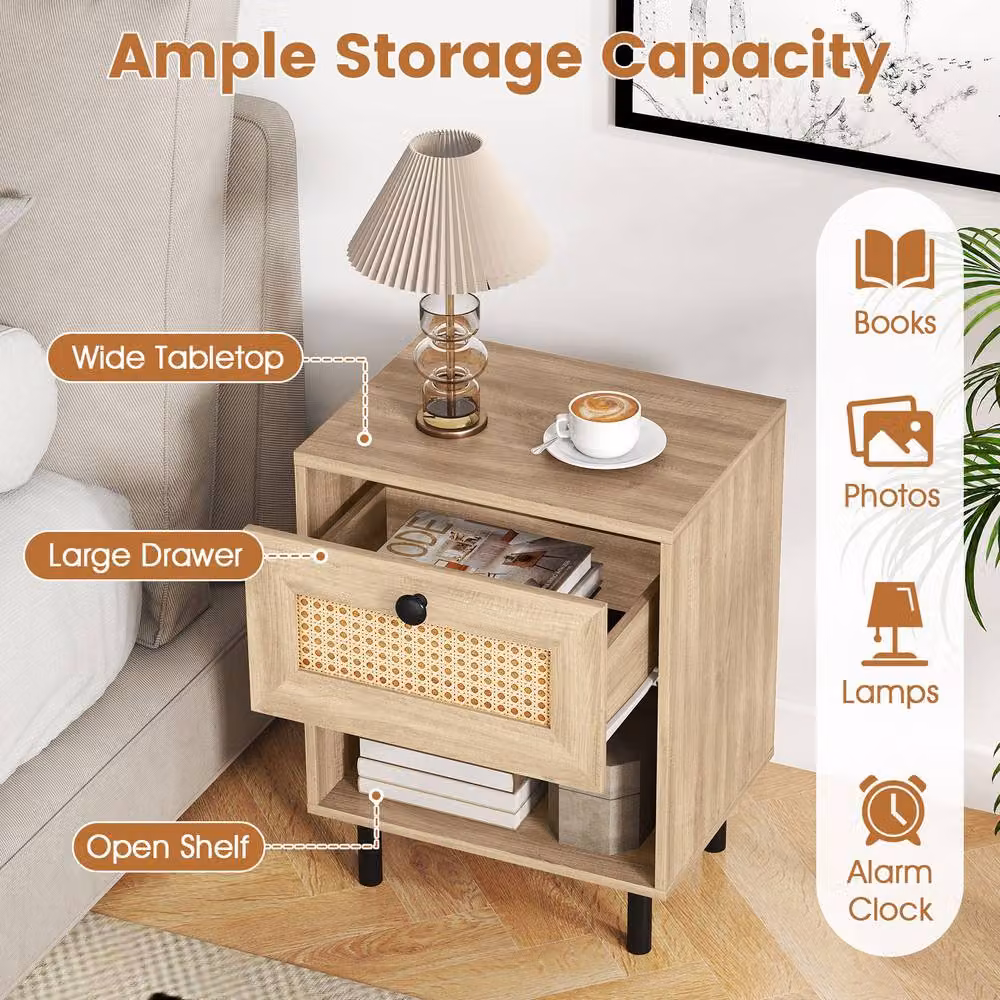 Gymax Set of 2 Boho Style Rattan Bedside Tables with Drawer and Metal Legs in Natural Brown – 3