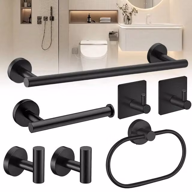 PAWNORA 7-Piece Black Metal Wall-Mounted Bathroom Hardware Set