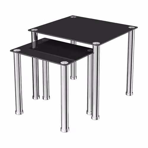 AVF Nesting Tables Set of 2, Black Glossy Glass and Silver Metal, W/D/H: 50 x 45 x 44.2 cm and 44.2 x 45 x 45 cm