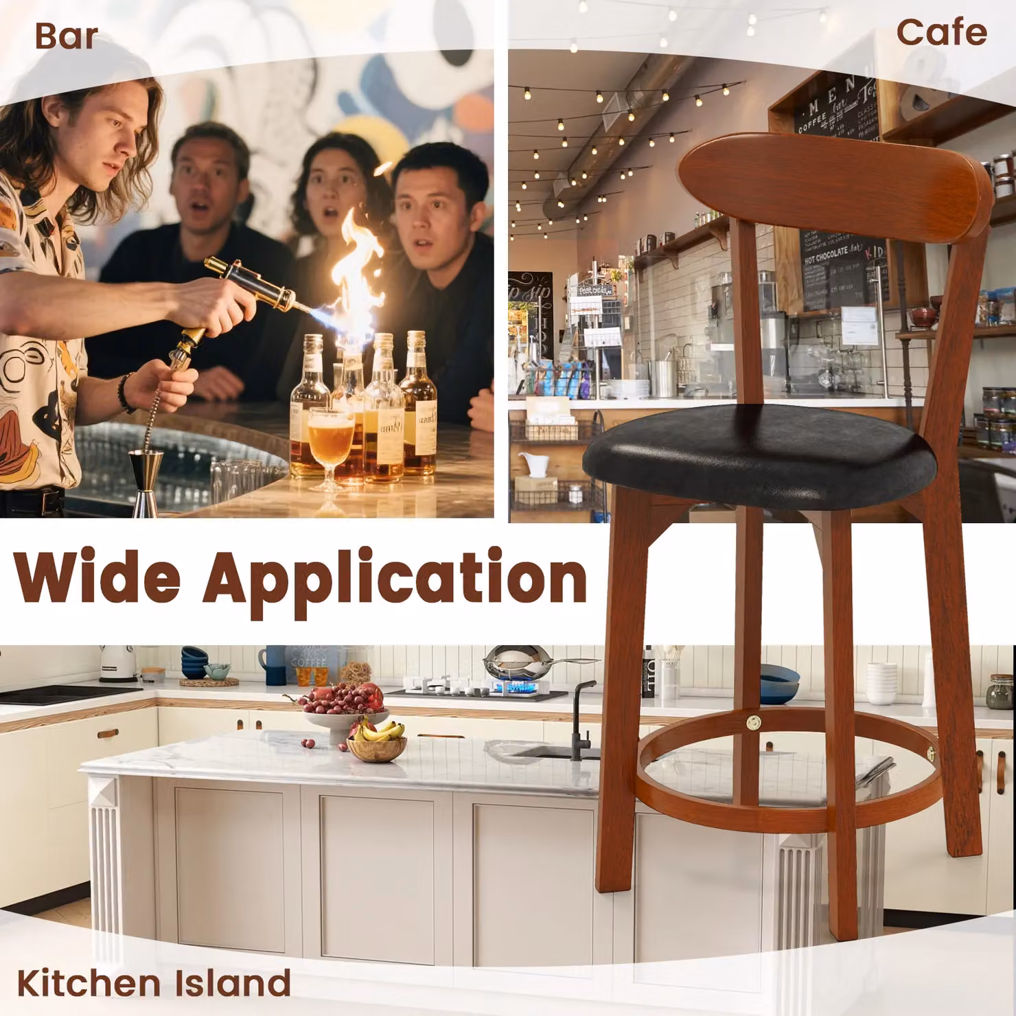 Gymax Set of 2 Modern Bar Stools with Curved Backrest in Brown Walnut Finish, Seat Height: 60 cm – 7