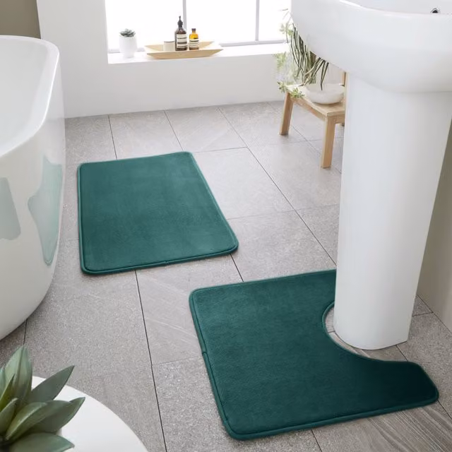 Catherine Lansfield Antibacterial Memory Foam Bath Mat and Pedestal Mat Set, Forest Green
