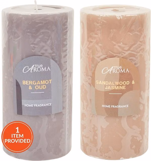 True Aroma Multicolour Sandalwood or Bergamot Scented Pillar Candle