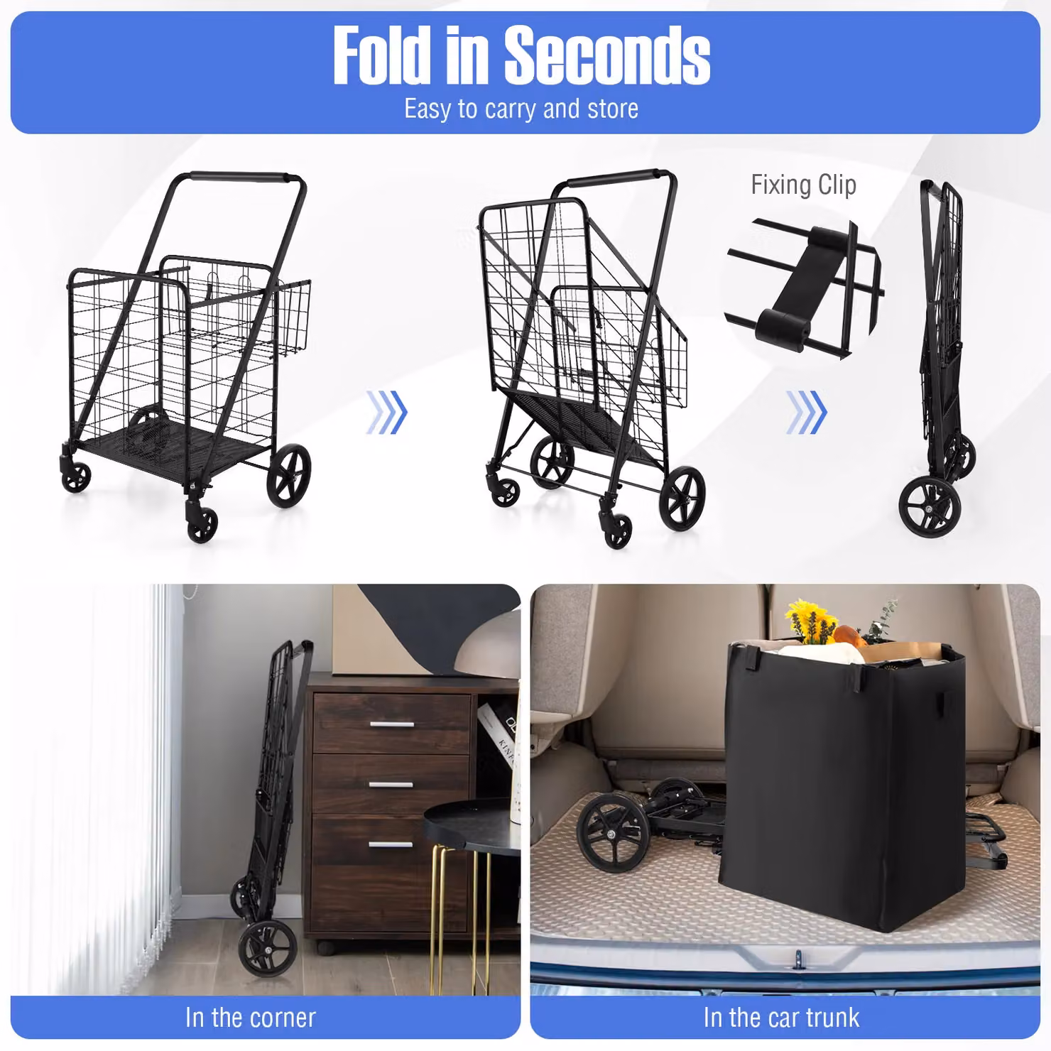 Gymax Folding Shopping Cart with 126L Waterproof Liner in Black – 8