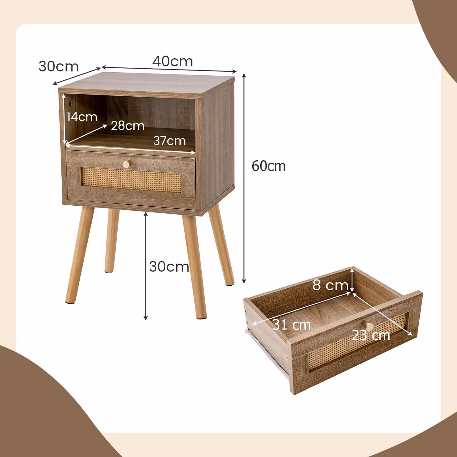 Costway Set of 2 Boho Rattan Nightstands in Natural Oak and Sand Brown – 3