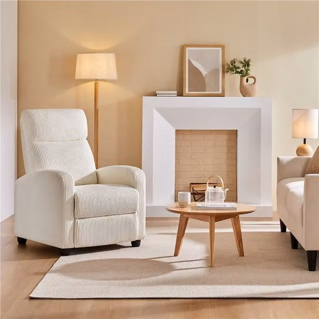 Yaheetech Modern Adjustable Corduroy Recliner Sofa in Beige and White